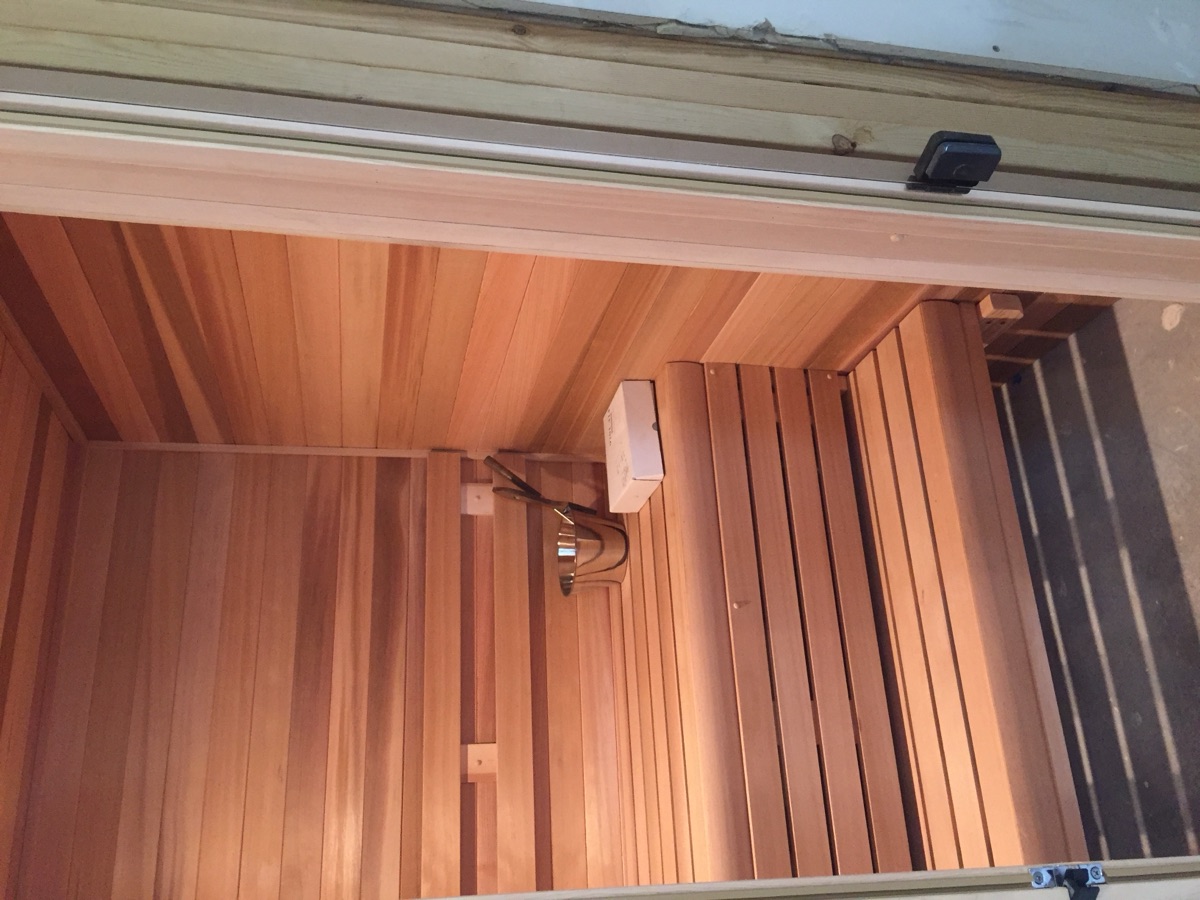 Close-up of cedar sauna bench craftsmanship